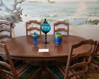 Lovely Vintage PECAN Wood Table and Six Chairs. Note the fabulous Rosenthal Bitossi Vase on right of Tall Teal Compote.