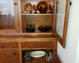 Vintage Teacups and Saucers, Amber Indiana Glass, Green Glass, Stoneware pitcher, 1970's ice bucket.