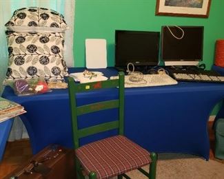 Darling Green Chair, vintage suitcase, new decorator pillows, computers.