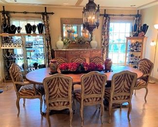 Double pedestal dining room table; (8) custom zebra dining chairs
