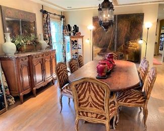 Gorgeous!  French buffet with marble top, dining room table and chairs, Maitland Smith celadon urns, antique copper Craftsman mirror