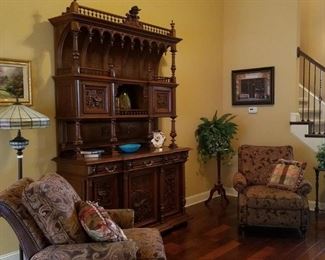 Two matching cloth/leather recliners and antique walnut hutch