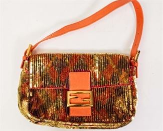 1	Fendi Sequin Multicolor Baguette	Fendi multicolor sequin and beaded bag with single leather strap, gold tone hardware, magnetic closure, satin lining, single interior zipper pocket, some loss of beads/sequins,
