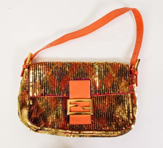 1	Fendi Sequin Multicolor Baguette	Fendi multicolor sequin and beaded bag with single leather strap, gold tone hardware, magnetic closure, satin lining, single interior zipper pocket, some loss of beads/sequins,
