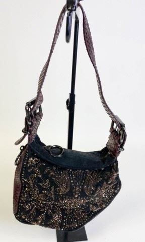 3	Fendi Black Suede Beaded Purse	Fendi suede beaded purse with snake skin handle, zippered closure, satin lining, side zipper pocket, good condition 10" l x 9" h x 1" d
