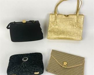 9	Grouping of Vintage Evening Bags	Lot includes gold jacquard handbag with double handles, gold tone snap clasp, two exterior compartments, satin lining, multiple interior slip pockets, wear consistent with age and use, 6 1/2"H, 10"W, 2 1/4"D; gold logo Christian Dior fabric and leather evening bag with gold tone chain link strap, clasp not working, 6 1/2"H, 8 1/4"W, 1"D; Dofan black suede evening bag with gold tone and rhinestone clasp, zippered interior pocket, slip pockets with mirror, wear and marks consistent with age and use, 6"H, 8 3/4"W, 1 1/2"D; Walborg black woven satin hard shell bag with rhinestone embellishment, snap closure, zippered center compartment, 6"H, 8 1/2"W, 2 1/2"D
