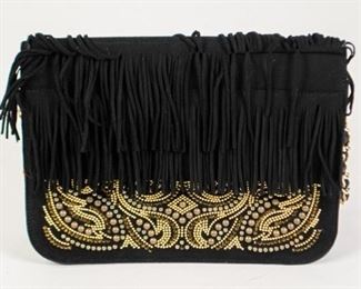11	Phillip Plein Black Fringed Beaded Bag	Phillip Plein black flap bag with metallic and rhinestone beading, fringe detailing, leather and chain-link strap with gold-tone skull and faux pearl detailing, fabric lining with one interior zippered pocket, good condition, 7"H, 10"W, 2"D
