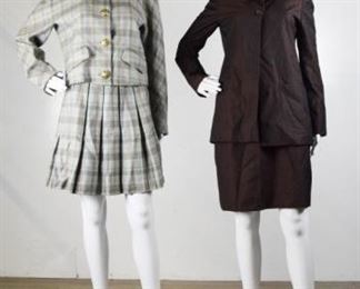 15	Two Women's Skirt Suits - Bally and Isuni - Size 6	Two Women's Skirt Suits - Brown Iridescent Skirt Suit Bally with 1 button on jacket and Isuni Blue and Brown Pleated skirt suit with 4 buttons - No visible stains Both Size 6
