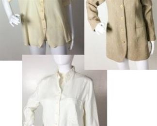 24	Giorgio Armani Lot of 3 Jackets / blouses	Giorgio Armani COMBO Jacket with Two blouses Camel Jacket Size 40 Condition - thread pull back left side near elbow Button down Shirt Long Sleeve Ivory - one breast pocket Condition - dot spots left bottom - spot right breast near pocket - back left Short sleeve 100% silk cream blouse Size 40 Condition - spot left collar front opening / spots shoulder and back.

