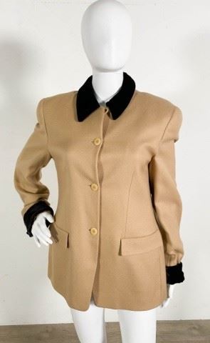 26	Giorgio Armani Wool/Cashmere Coat	Lot includes Giorgio Armani tan coat with black velvet collar and cuffs, 80% wool, 20% cashmere, size 44, Made in Italy, 18" at shoulders, 28"L, light wear, good condition.
