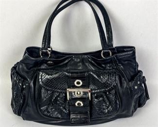 53	Prada Black Leather Milano Bag	Prada handbag in black python and leather, magnetic closure, silver tone hardware, outside magnetic closure pocket, interior zipper pocket, includes dust bag, some minor wear, good condition, 9"H, 17"W, 5 1/2"D
