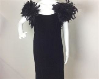 71	"That Little Black Dress" Black Velvet & Feathers	Inner Circle Inc. Black Velvet Sleeveless Cocktail Dress with Black Feathered Shoulders - Zipper Back, has top hook but missing the eye clasp. tag - Size 8
