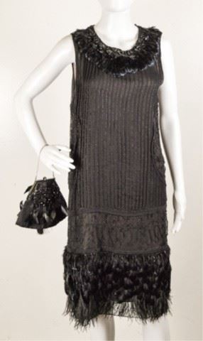 72	J. Mendell Paris Dress and Badgley Mischka Purse	J. Mendell - Paris Black Sleeve-Less Dress - Feathered Collar & Nine Inch Feathered Hem Line accompanied with Badgley Mischka Evening Bag / Purse satin - feathered - silver tone accents - beading - tassel **NO SIZING TAG ** ( similar to a women's size 8 )
