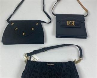 74	Grouping of Three Designer Evening Bags	Lot includes Escada black leather flap bag with magnetic closure, gold tone hardware, slip and zipper interior pockets, shoulder strap has been replaced, some marks and scratches consistent with use, 8"H, 8"W, 2"D; Paloma Picasso black suede flap bag, magnetic closure, gold tone hardware, single shoulder strap, grosgrain lining with one interior slip pocket, 7 1/4H, 10 1/2W, 2"D; Calvin Klein black leopard fabric bag with leather and gold tone chain strap, zipper closure, zippered interior pocket, new with tags, 6 1/2H, 11"W, 2 3/4"D.
