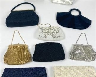 78	Grouping of Vintage Evening Bags	Lot includes ten vintage handbags; duramesh evening bags in silver tone and gold tone with Whiting Davis markings; beaded evening bags, silver lame Jane Shilton handbag, Richere, Altman et Fils, Dofan, Magid, mother of pearl inlaid handbag from Thailand, some missing beads, stains, wear and marks consistent with use
