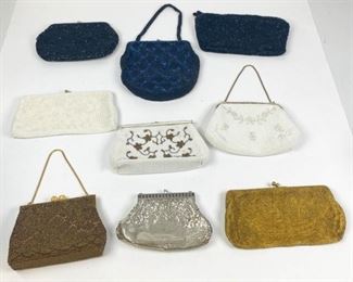 77	Grouping of Vintage Beaded Evening Bags	Lot includes nine evening bag, silver tone duramesh Whiting and Davis bag, white, gold, blue and black beaded handbags, Cecile, Magid, marks and wear consistent with age and use, largest measures 8 1/4"H, 8"W.
