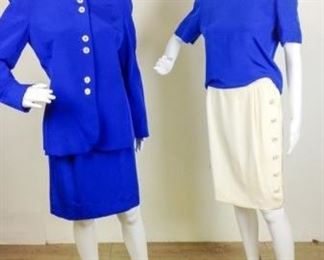 99	Carolina Herrera 4 piece Lot Skirt Suit Size 8	Carolina Herrera Cobalt Blue Skirt Suit 100% Silk Size 8 Some spots on right breast with pullover matching Cobalt Blue shot sleeve top - Size 6 and Carolina Herrera Ivory Pencil Skirt - 12 Rhinestone Embellished Buttons, some stains left front skirt - (no attempts to clean them have been made.) Size 10
