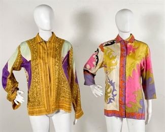 97	Grouping of 2 Vintage Emilio Pucci Silk Shirts	Lot includes gold and purple printed Emilio Pucci silk button up shirt, Saks Fifth Avenue label, size 14, Emilio signature, marks/stains from use, one cover missing from button, 17" at shoulders, 24"L; pink, green, purple geometric print Emilio Pucci button up shirt, Saks Fifth Avenue label, size 14, Emilio signature, marks/stains from use, 16"at shoulders, 27"L.
