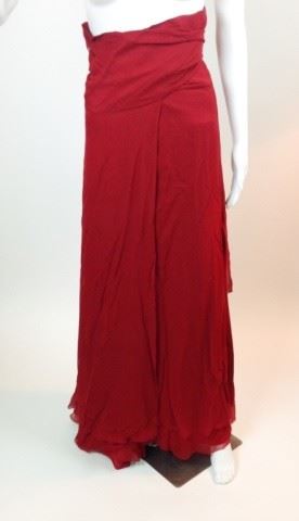 105	Designer Morgane La Fay - Full Length Wrap Skirt	Morgane La Fay - Full Floor Length Red Wrap Skirt from Designer Collection - No Sizing - approx. measures women's 8
