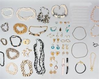 128	Large Grouping of Costume Jewelry	Lot includes gold-tone, silver-tone, faux pearl, plastic and metal beaded necklaces and bracelets, glass pendant, gold tone and faux pearl earrings by Alexis Bittar, Lazuli, Cecile Jeanne, 18 kt gold filled rings with faux diamonds, vintage Sheffield watch pendant, Wintex watch
