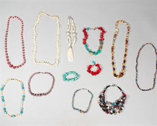 133	Grouping of Stone, Glass and Shell Beaded Jewelry	Lot includes hand painted glass beaded necklaces, shell necklaces, hardstone necklaces, two hardstone bracelets
