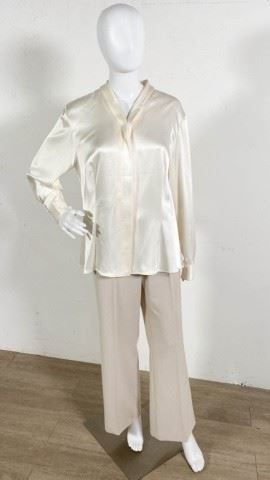147	St John Shirt and Pants	Lot includes cream colored St. John satin button up shirt, size 12, minor marks from wear, good condition; St. John Collection tan pants, size 8, 53% polyester, 43% wool, 4% spandex, 30"inseam, minor marks from wear, good condition.
