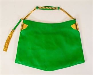 162	Gucci Green Leather Large Shoulder Bag	Gucci 1970 leather shoulder bag, single chain-link handle, gold tone metal detailing, dangling tassel chain, canvas lined interior with one zipper pocket and two open pockets, good condition with some minor marks and scratches, 13 7/8"H; 17"W,
