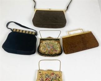 163	Grouping of Vintage Handbags	Lot includes George Baring black suede handbag with hand-painted Limoges enameled portrait plaques, single handle, spring clasp, satin lining, marked inside "Made in France for George Baring Paris" 7"H, 9"D, 1 1/2"; Robert Bestien brown suede handbag with gold tone hardware, snap closure, single adjustable shoulder strap, tan leather interior with slip and zippered pockets, includes signature mirror, wear and marks consistent with age, 7"H, 11"W, 1 1/2"D; brown jacquard leather clutch with gold tone hardware and handle, grosgrain lining with slip pocket, wear and marks consistent with age and use, 5 1/2"H, 10"W, 1"D, Jolles petit point floral motif handbag with gold tone chain and clasp, silk lining, tag reads "Jolles Original Made in Austria", 5"H, 6 1/2"W, 1"D; Jolles-inspired tapestry handbag with gold tone hardware, filigree clasp and chain, satin lining, two interior pockets, no rips, wear consistent with age and use, 5"H, 7"W, 1"D
