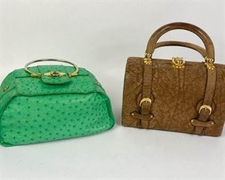 164	Grouping of 2 Vintage Handbags	Lot includes brown leather Tano of Madrid vintage handbag with gold tone hardware, double handles, zippered interior pocket, some marks, wear on handles, consistent with age and use, good condition, 6 1/2"H, 9"W, 4 1/2"D; Modell Royal green ostrich handbag with gold tone hardware, removable shoulder strap, leather interior with zippered and slip pockets, matching compact mirror, marks and staining consistent with age and use, 5"H, 11"W, 5"D
