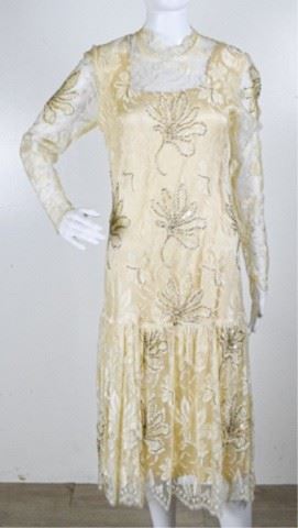 168	Tamara Boutique - New York 100% Silk Dress	Tamara Boutique - New York 100% Beige Long Sleeved Silk Dress Lace Over- Lay Embellished in baby Pearls - Flute Beads Opalescent Sequins - Lined - Six Covered Button Back Closure SIZE 10
