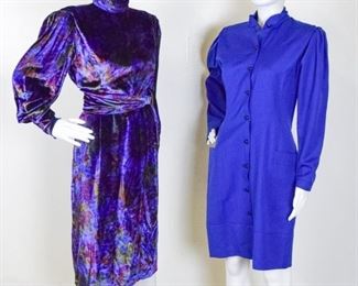169	Two Vintage Ungaro Dresses - Size 8	Two Vintage Ungaro Dresses - Size 8. Navy Blue Button dress with Pockets. Ungaro - Solo Donna Paris - Size 42 / 8. Vintage Purple velour belted dress with button up the back. Made In Italy for Bergdorf Goodman - no size labels. Appears to be about a size 8.
