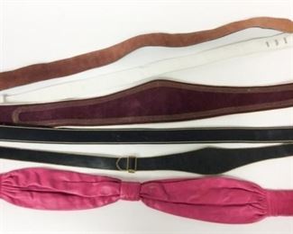 187	Leather Belts - Lot of 6 - Mixed Selection Belts	Mixed Selection of leather, suede & leather trimmed belts all are approx. 34" long +/ - except the Pink is snap closure soft leather stretch measures approx. .29 " long
