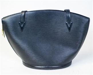 192	Louis Vuitton Black Epi Saint Jacques Shoulder Bag	Black epi leather vintage Louis Vuitton shoulder bag; from the 1995 collection; double handle shoulder straps; zip closure at top; some marks, scuffing, dents; interior has one zipper pocket
