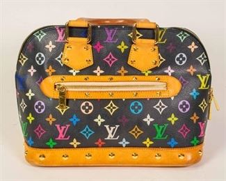 191	Louis Vuitton Monogram Multicolor Alma PM	Louis Vuitton top handle bag, black coated canvas, multicolored monogram pattern, gold tone hardware, rolled handles, single exterior pocket, suede lining and dual interior pockets, leather and stud embellishments, zip closure at top, some wear from use (marks and scuffs on bottom, pens marks on interior), 9 1/4"H; 15"W; 6 1/2"D
