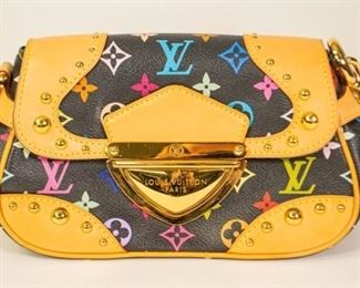 195	Louis Vuitton Multicolor Marilyn Black Hand Bag	Limited Edition Louis Vuitton top handle bag, black coated canvas, printed, gold tone hardware, chain-link shoulder strap, single exterior pocket, suede lining and single interior pocket, push-lock closure at front, very good condition, 5 1/2"H; 8 1/2"W; 4 1/2"D
