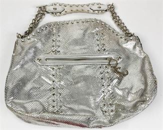 200	Roberto Cavalli Metallic Snakeskin Hobo Bag	Lot includes Roberto Cavalli metallic snakeskin bag with silver-tone hardware, removable shoulder strap, zippered exterior pocket, snap closure, interior zippered pocket, 15"H, 19"W, 4"D, good condition
