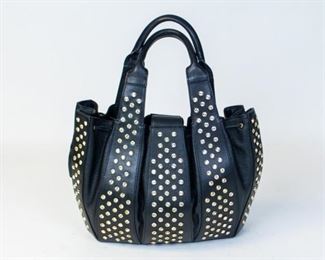 207	Domenico Vacca Julie Black Leather Purse	Domenico Vacca Julie Black Leather Rhinestone Embellished Handbag Width 13.5" Height 10.5" Width 5" Handle Drop 7.5" Missing 2 Rhinestone, some scuffs and wear to the bottom on the bag, and stains and wear inside purse
