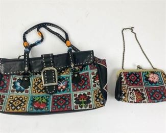 212	Two Isabella Fiore Boho Patchwork Handbags	Isabella Fiore black leather handbag embroidered and beaded in patchwork pattern, flap front with magnetic closure, double handle, fabric interior with one zippered pocket, good condition, 6"H, 13"W, 4"D; matching evening bag with patchwork embroidery and beading, single clasp closure, fabric interior with zippered pocket, good condition, 4"H, 7"W, 2"D

