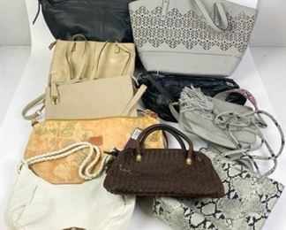 213	Grouping of Handbags	Lot includes Nine West snakeskin handbag, Silasse map bag, Etienne Aigner handbag, Elliott Lucca (tags still attached), ArtBag woven leather handbag, tan clutch with tags still attached, Steve Madden small grey purse, Sabina black woven leather, grey TL tote, Tara Tone black leather hobo bag, all marks and wear consistent with age and use.
