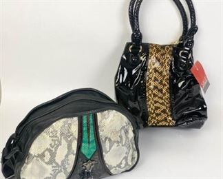 217	Lot of Designer Handbags	Lot includes Johnston and Murphy new with tags black patent leather bucket purse with brown snakeskin embellishments, braided double handles, gold tone hardware, fabric lining, three interior pockets, one zippered, snap closure, excellent condition, 11 1/2"H, 10 1/2"W, 7"D; D'Onofrio leather and metallic python handbag, single adjustable shoulder strap, exterior snap and zipper pockets, zippered interior pocket, good condition, 9"H, 12"W, 4"D
