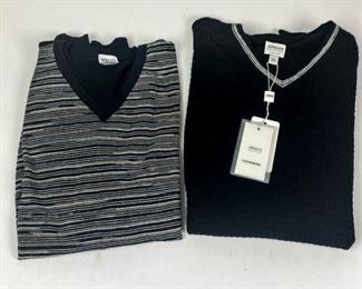 236	Grouping of Two Armani Sweaters	Lot includes black Armani Collezioni sweater, size XXL, cashmere, 30"L, 22"W, tags still attached; Armani Collezioni blue stripe V-neck sweater, size Large, 29"L, 22"W, good condition.
