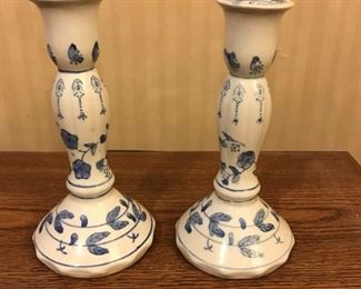 Blue and White Ceramic Candlesticks