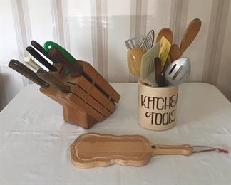Butcher Block Kitchen Utensil Lot