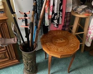 Selection of canes and vintage umbrella holder; Inlaid table music box, Italian.