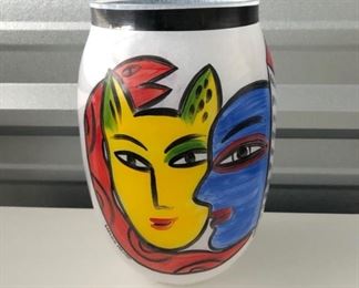 Original signed hand-painted vase by Ulrica Hydman-Vallien for Kosta Boda. 11" tall x 6" across. $195