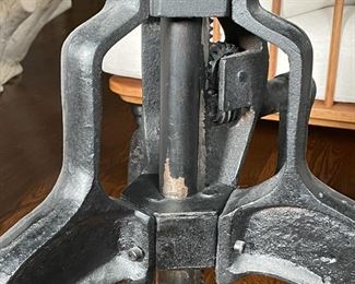 ROCKWELL CRANK SIDE TABLE | Rockwell crank adjustable side table by Four Hands, round top, made from refurbished steel and cast iron from old factories and warehouses, table height adjusts from 18 to 26 inches; dia. 35-1/2 x min h. 18 in.; original price $529 