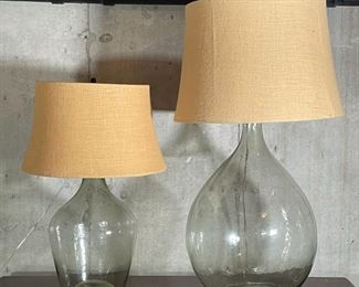 PAIR SIMILAR POTTERY BARN LAMPS | Recycled glass vase lamp bases topped with natural linen round shades by Pottery Barn; larger h. 41 x dia. 18-1/2 in. 