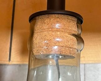 PAIR SIMILAR POTTERY BARN LAMPS | Recycled glass vase lamp bases topped with natural linen round shades by Pottery Barn; larger h. 41 x dia. 18-1/2 in. 