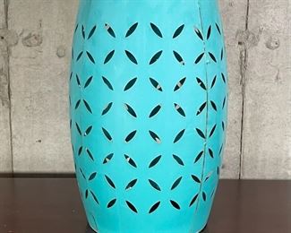 TURQUOISE SIDE TABLE | Turquoise painted metal openwork side table, can work for drinks or as a plant stand; h. 19 x top dia. 9-1/2 in. 