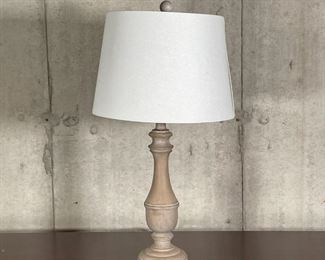 TABLE LAMP | Ash-colored turned wood lamp with matching globular finial and cream drum fabric lampshade; h. 26 x dia. 11 in. [with some minor dents to shade] 